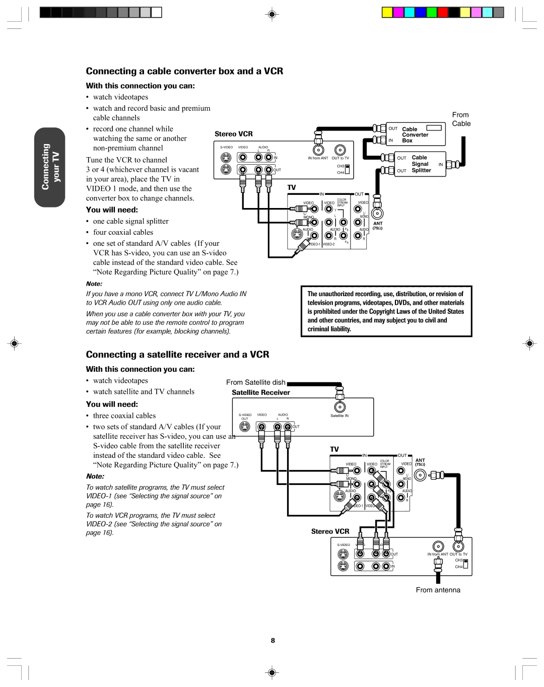 Toshiba 32A43, 36A43 owner manual Connecting a cable converter box and a VCR, Connecting a satellite receiver and a VCR 