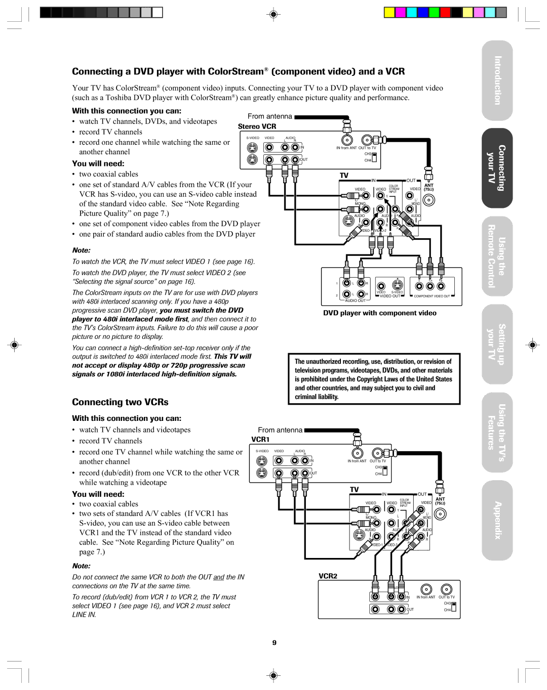 Toshiba 36A43, 32A43 owner manual Connecting two VCRs 