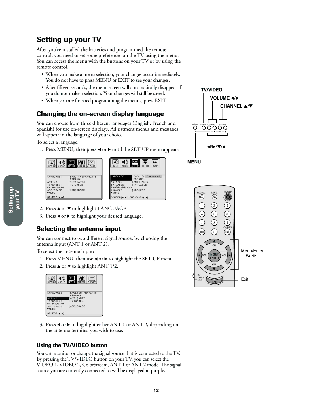 Toshiba 32A60, 27A60, 36A60 Setting up your TV, Changing the on-screen display language, Selecting the antenna input 