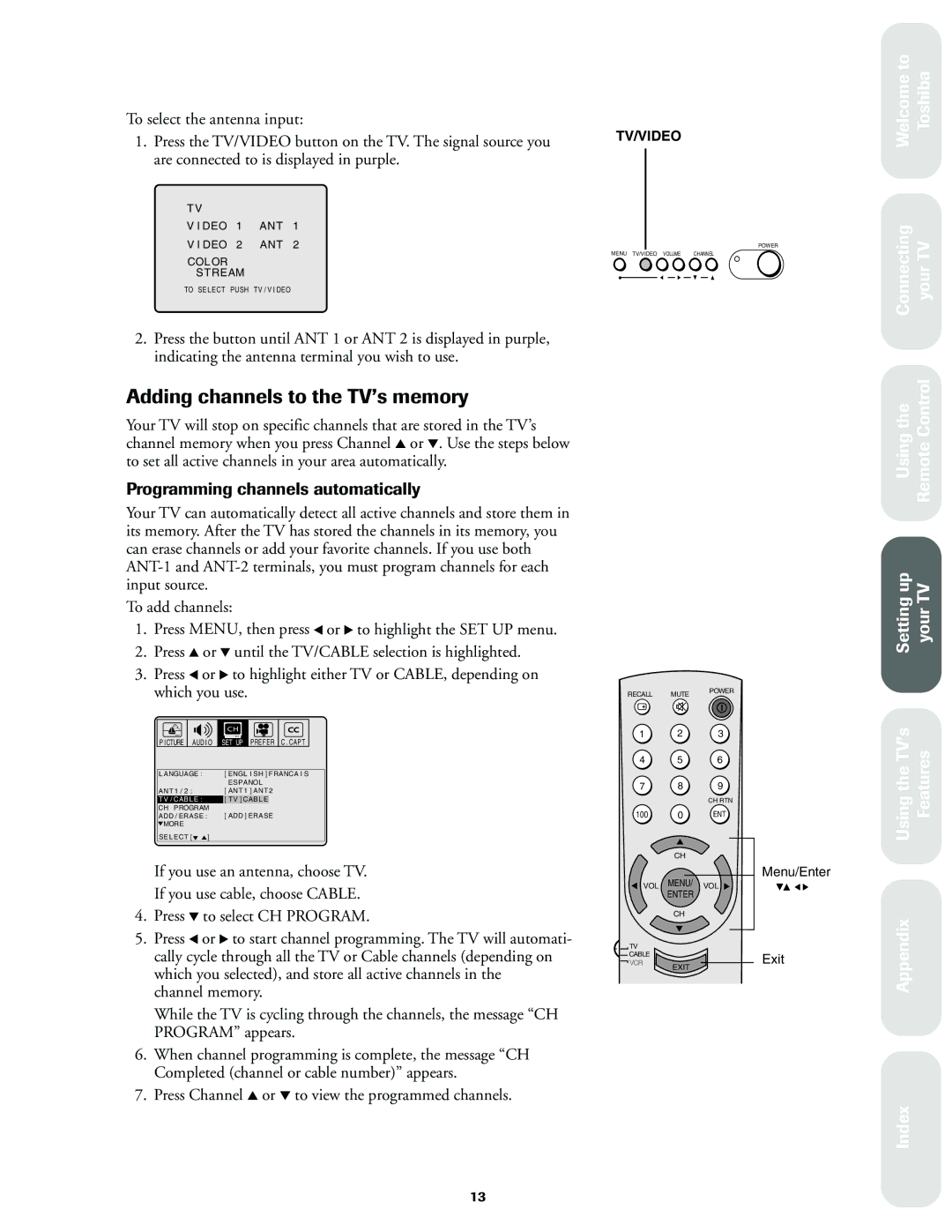 Toshiba 27A60, 32A60, 36A60 owner manual Adding channels to the TV’s memory, Programming channels automatically 