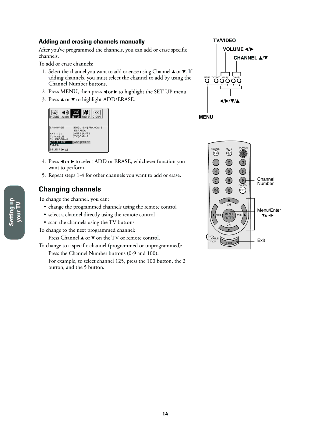 Toshiba 36A60, 32A60, 27A60 owner manual Changing channels, Adding and erasing channels manually 