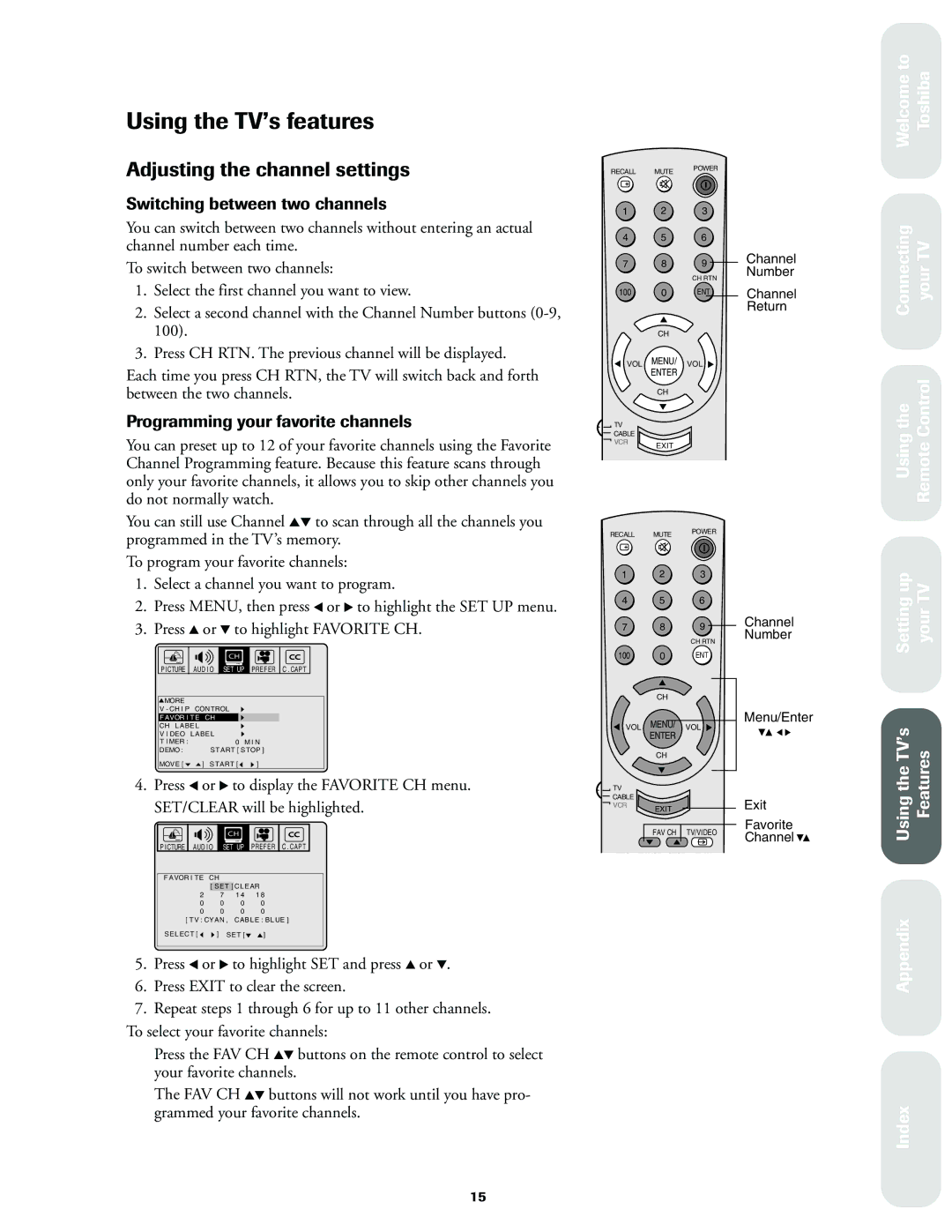 Toshiba 32A60, 27A60, 36A60 Using the TV’s features, Adjusting the channel settings, Switching between two channels 