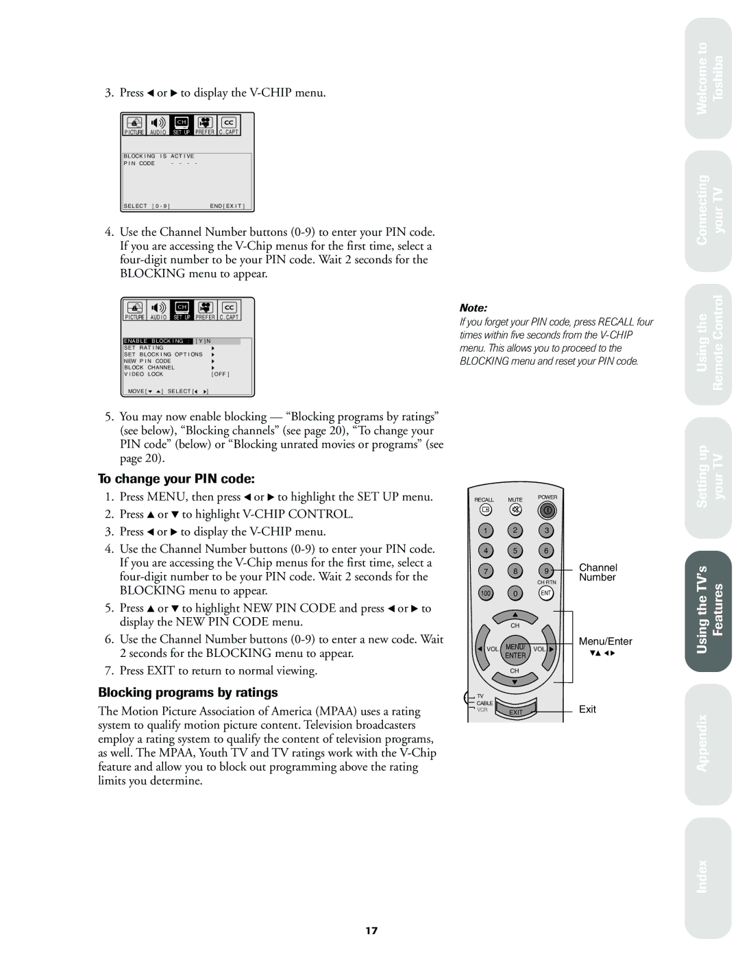 Toshiba 36A60, 32A60, 27A60 owner manual To change your PIN code, Blocking programs by ratings 