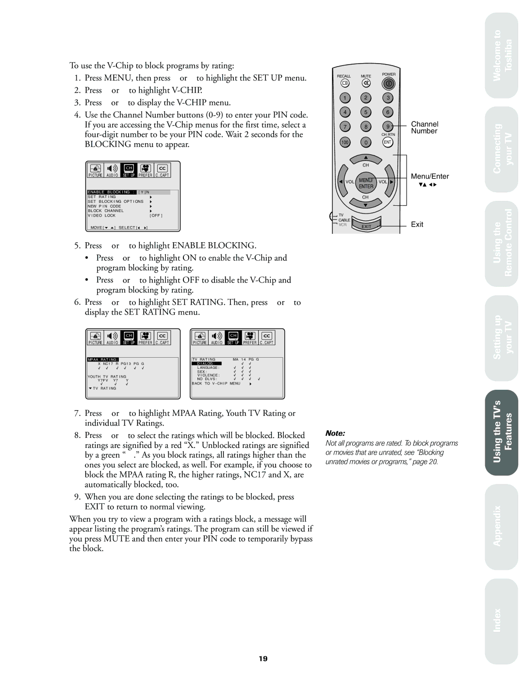 Toshiba 27A60, 32A60, 36A60 owner manual Using the TV’s Features Appendix Index 