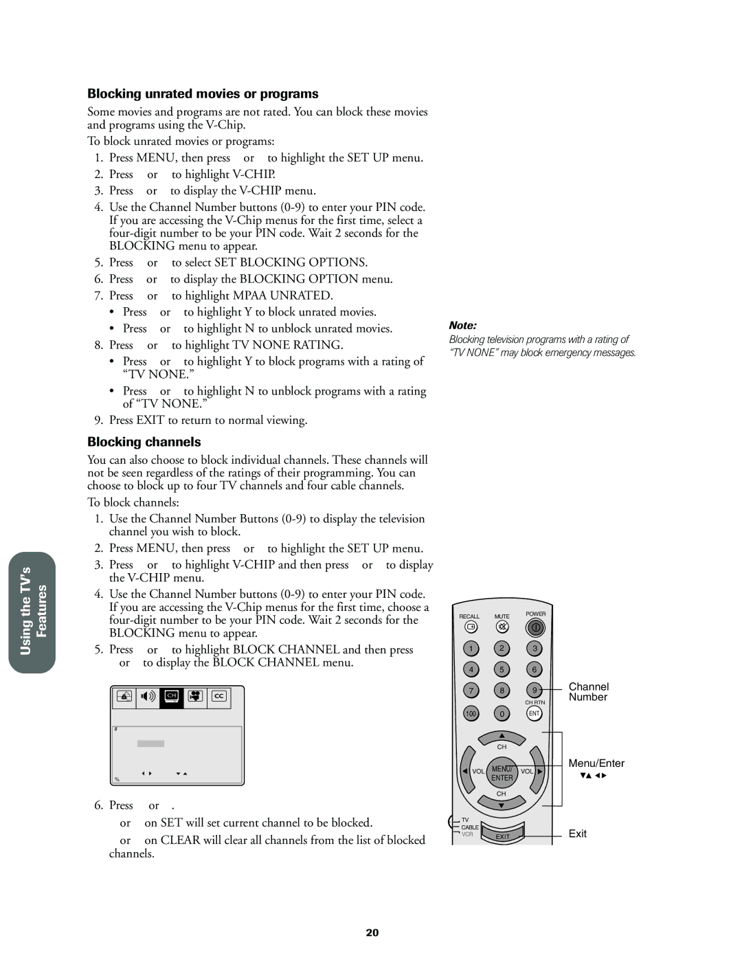 Toshiba 36A60, 32A60, 27A60 owner manual Blocking unrated movies or programs, Blocking channels 