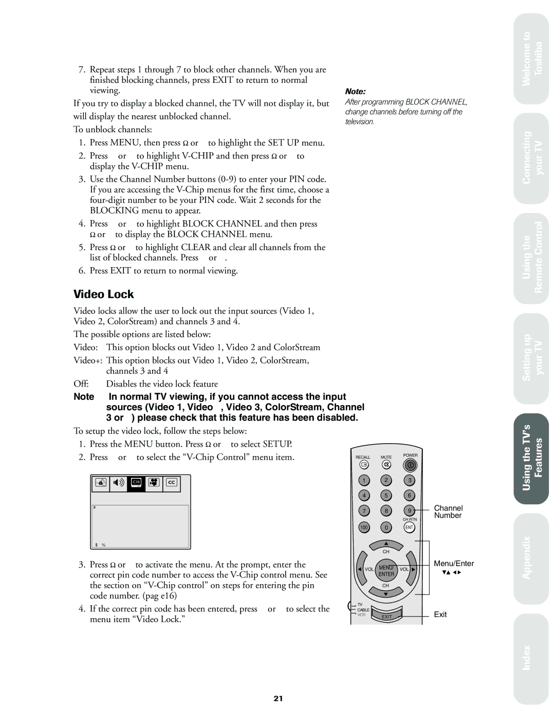 Toshiba 32A60, 27A60, 36A60 Video Lock, Press x or to activate the menu. At the prompt, enter, Code number. pag e16 