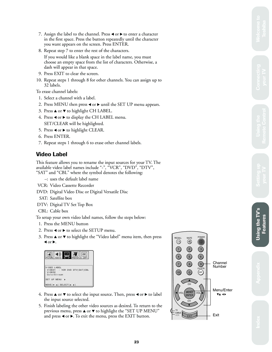 Toshiba 36A60, 32A60, 27A60 Video Label, Input source selected, Press x or . To exit the menu, press the Exit button 