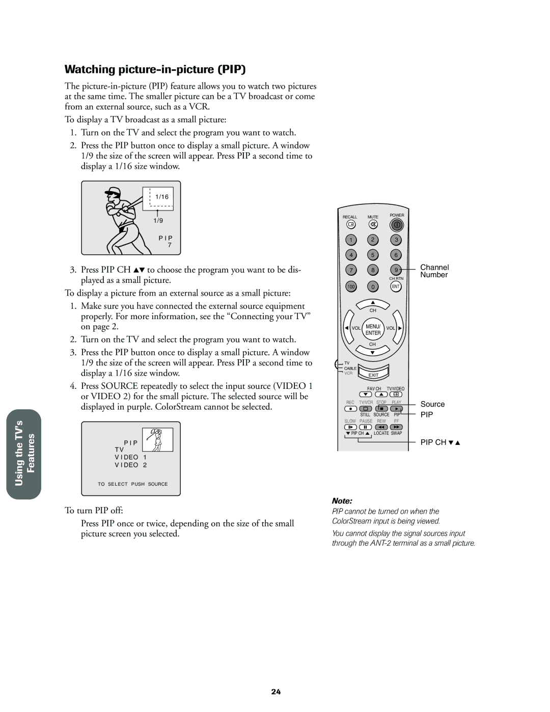 Toshiba 32A60, 27A60, 36A60 owner manual Watching picture-in-picture PIP, Pip 