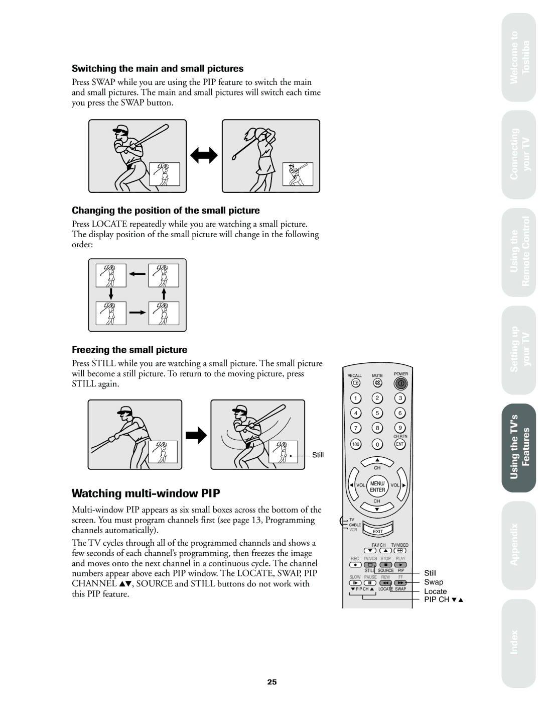 Toshiba 27A60 Watching multi-window PIP, Switching the main and small pictures, Changing the position of the small picture 