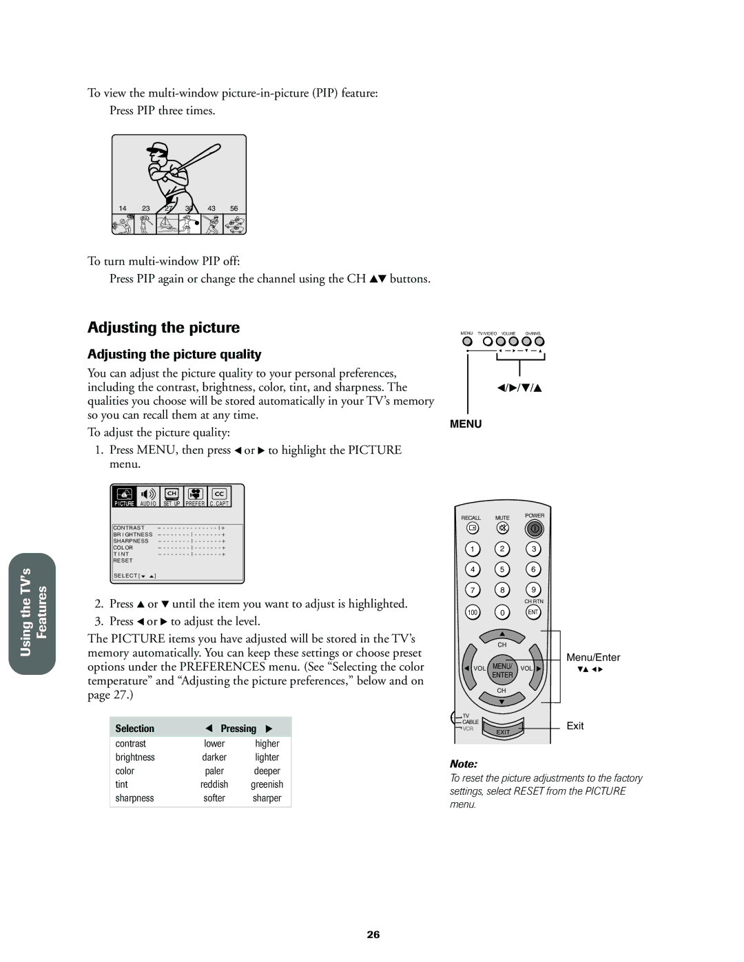 Toshiba 36A60, 32A60, 27A60 owner manual Adjusting the picture quality 