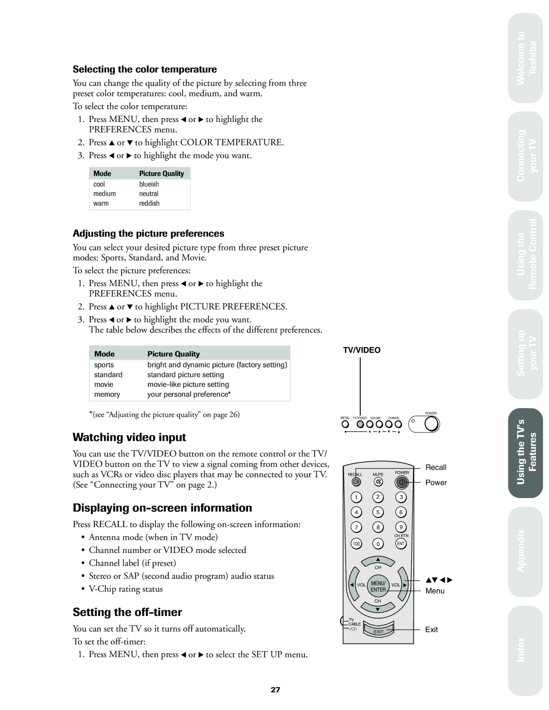 Toshiba 32A60, 27A60, 36A60 owner manual Watching video input, Displaying on-screen information, Setting the off-timer 