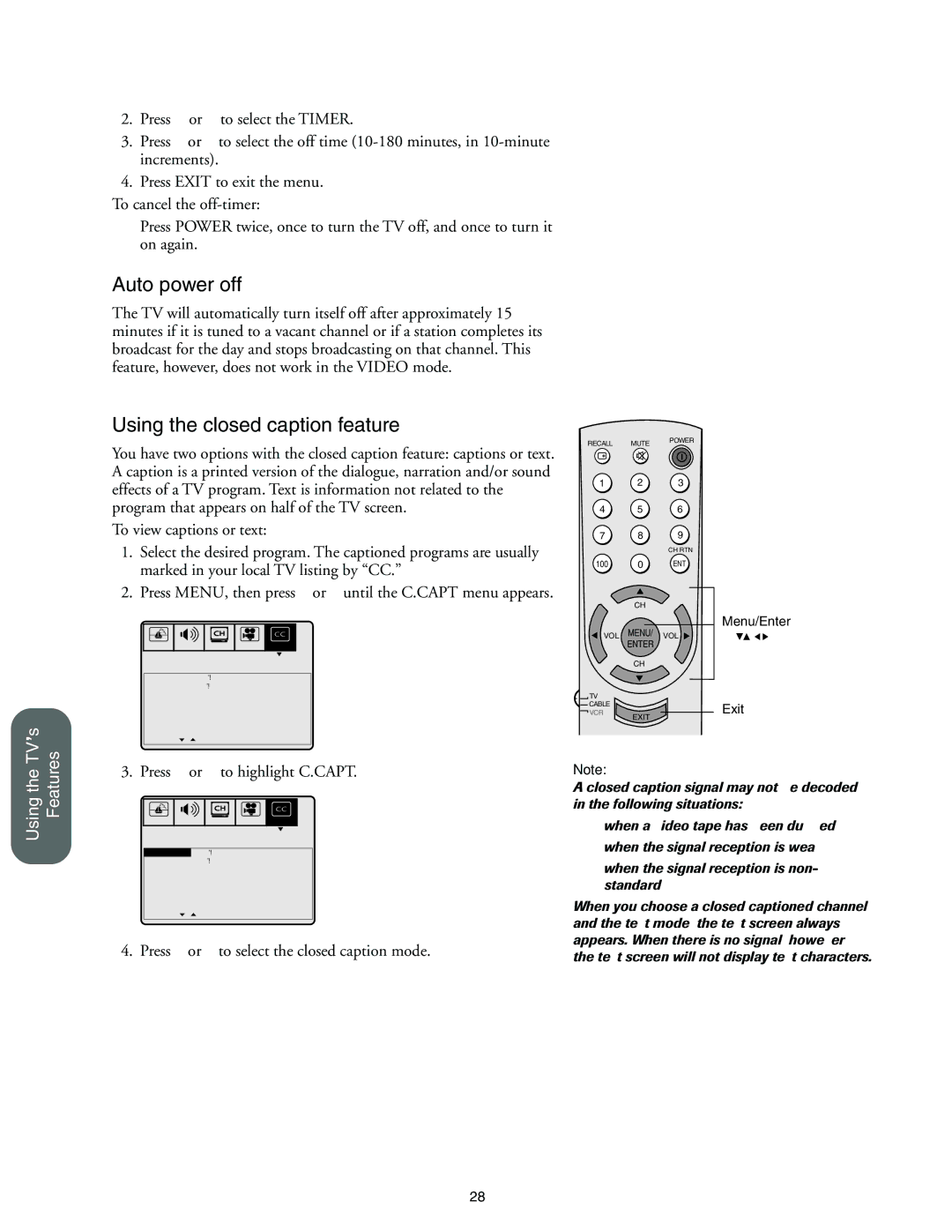 Toshiba 27A60, 32A60, 36A60 owner manual Auto power off, Using the closed caption feature, Press y or z to highlight C.CAPT 