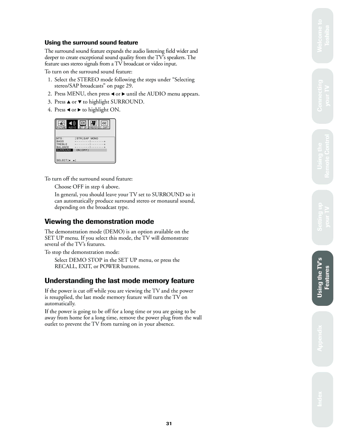 Toshiba 27A60 Viewing the demonstration mode, Understanding the last mode memory feature, Using the surround sound feature 