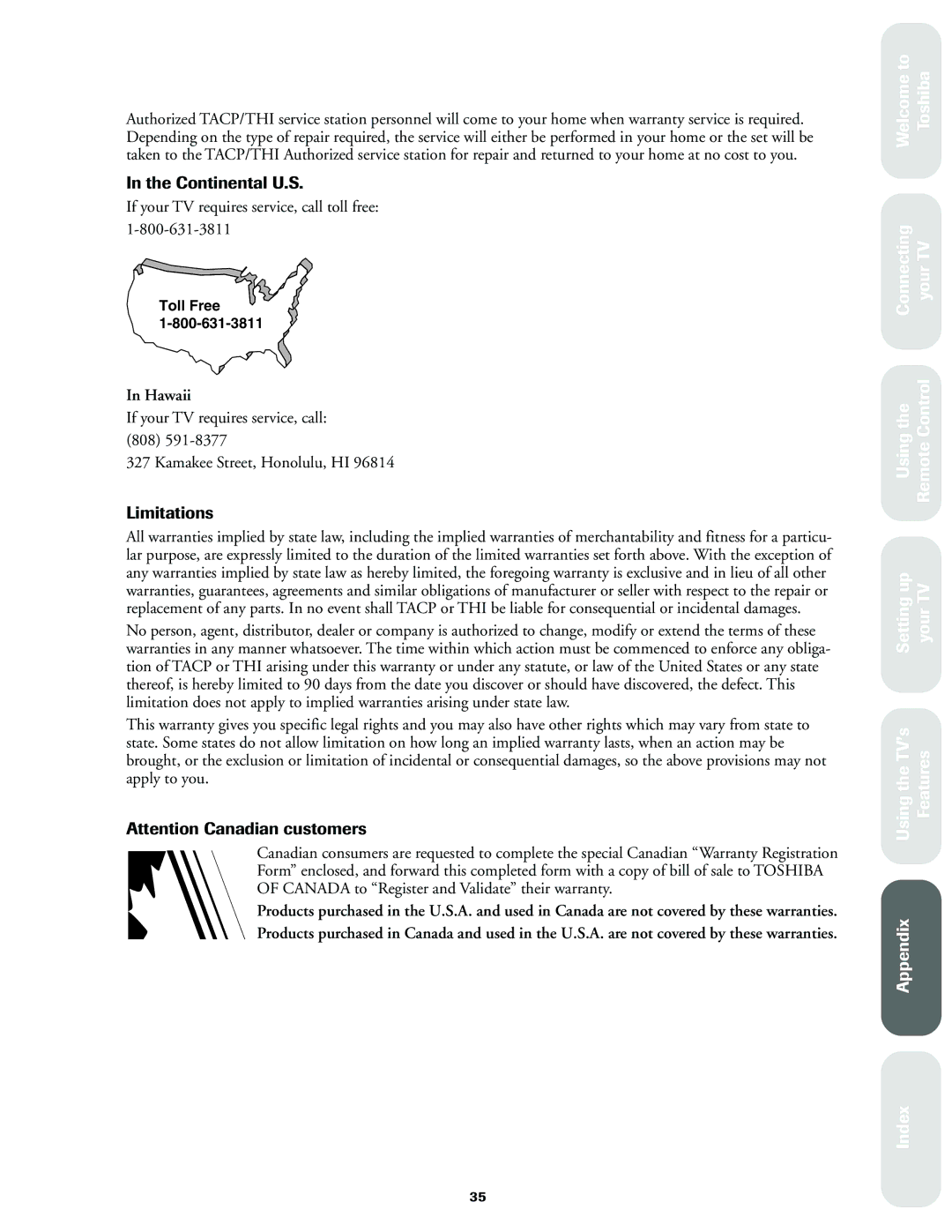 Toshiba 36A60, 32A60, 27A60 owner manual Continental U.S, Limitations, If your TV requires service, call toll free 