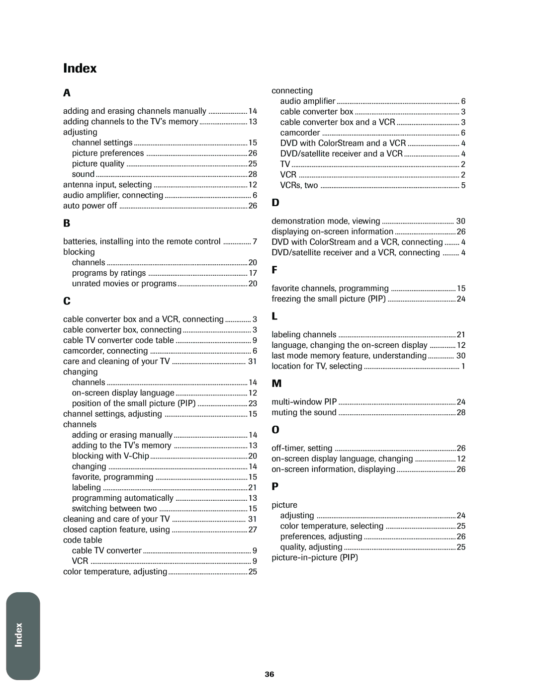 Toshiba 32A60, 27A60, 36A60 owner manual Index, Adjusting 