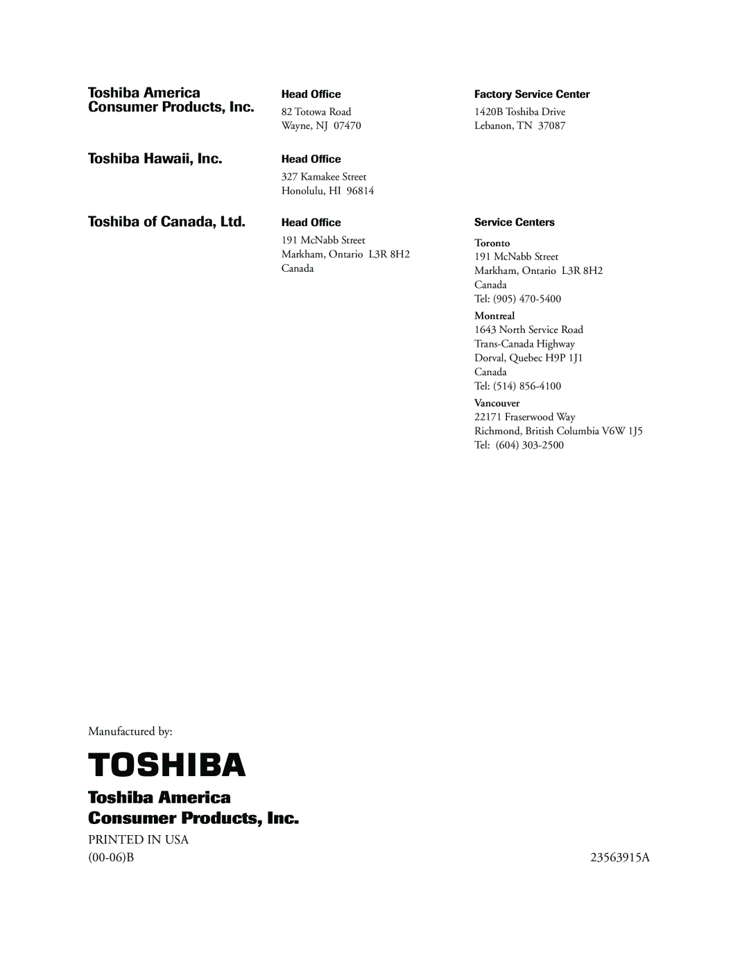 Toshiba 36A60, 32A60, 27A60 owner manual Toshiba Hawaii, Inc, 23563915A 