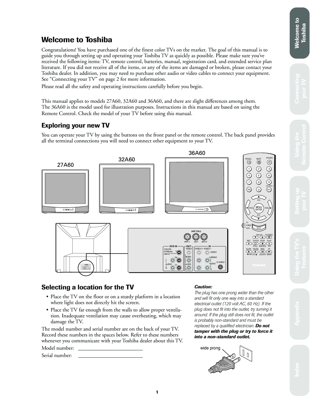 Toshiba 27A60 owner manual Welcome to Toshiba, Exploring your new TV, Selecting a location for the TV, 32A60 36A60 