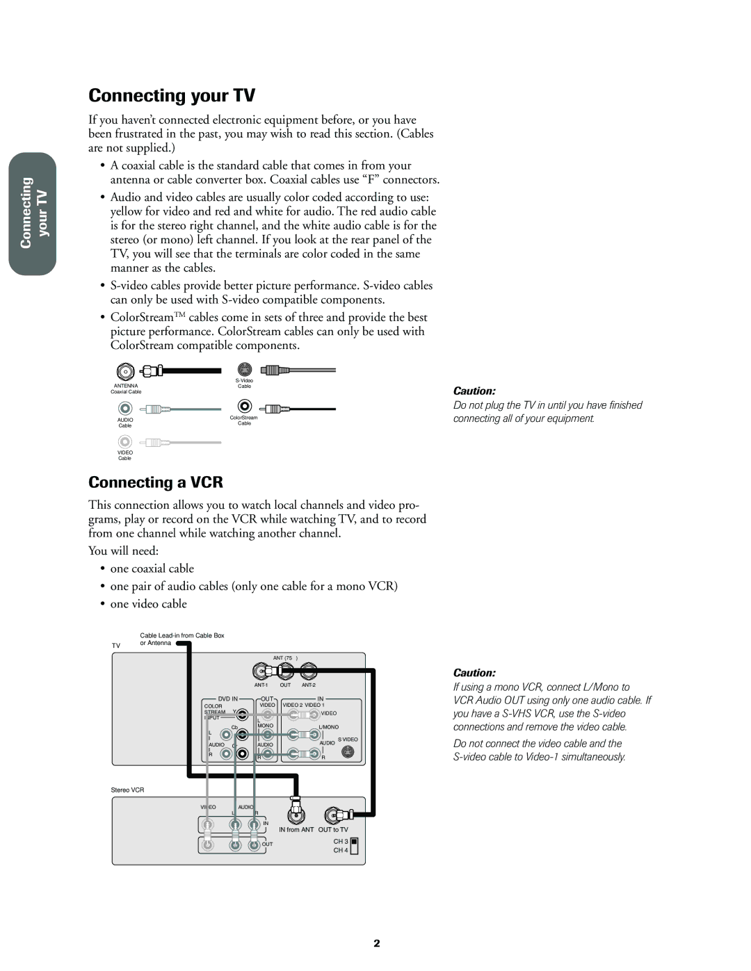 Toshiba 36A60, 32A60, 27A60 owner manual Connecting your TV, Connecting a VCR 