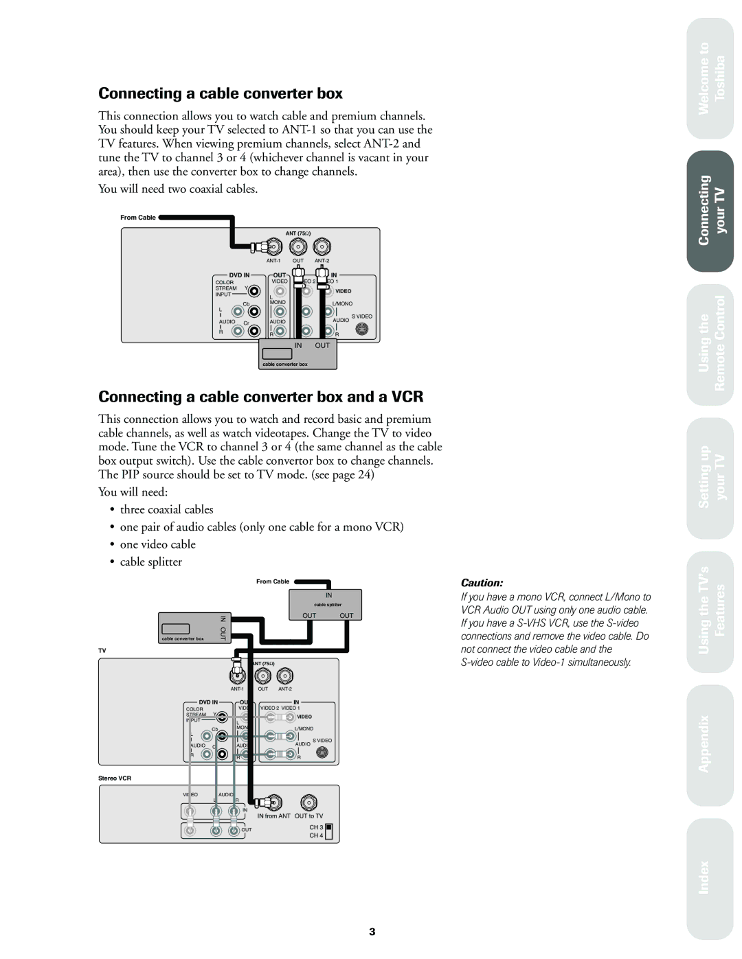 Toshiba 32A60, 27A60, 36A60 owner manual Connecting a cable converter box and a VCR, You will need two coaxial cables 