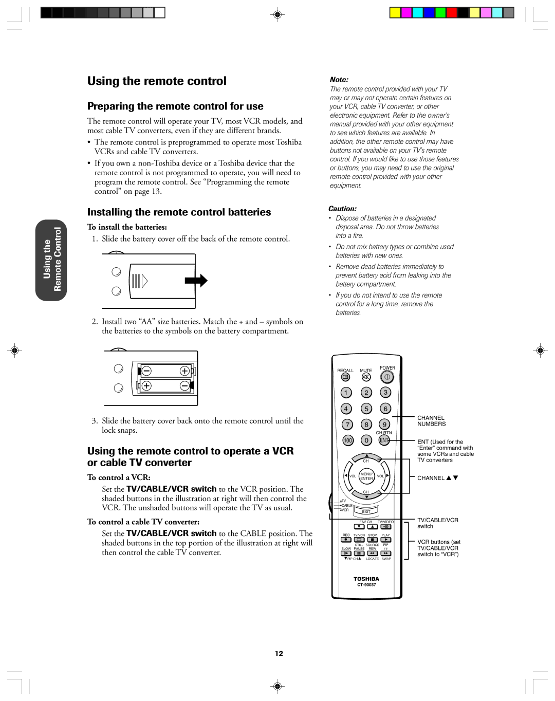 Toshiba 32AF13 Using the remote control, Preparing the remote control for use, Installing the remote control batteries 