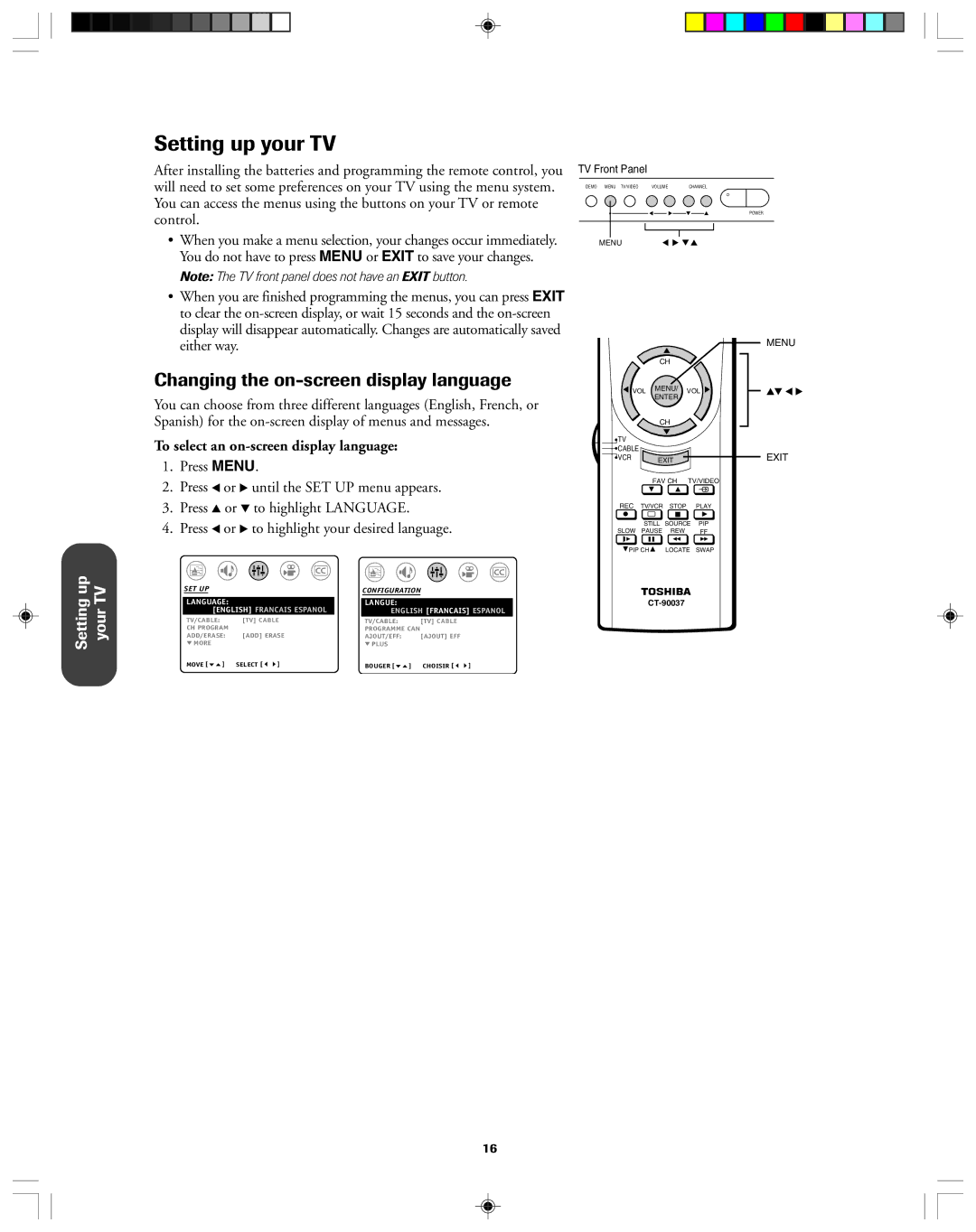 Toshiba 32AF13 Setting up your TV, Changing the on-screen display language, To select an on-screen display language 