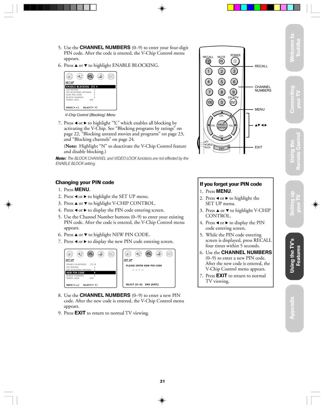 Toshiba 32AF13 owner manual Changing your PIN code, If you forget your PIN code 