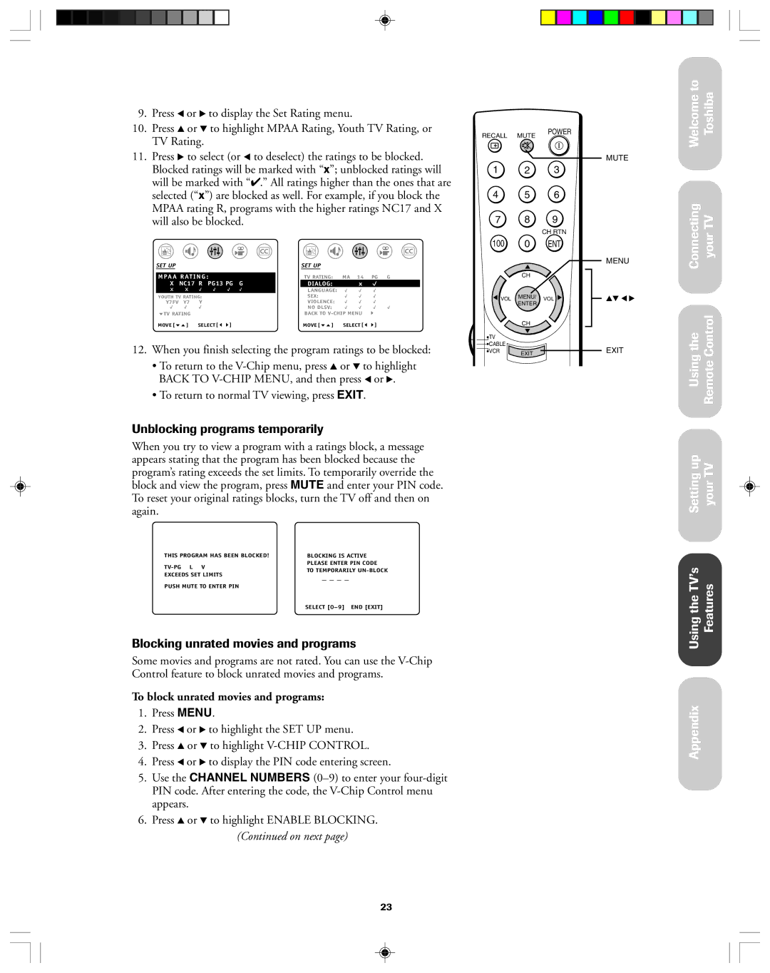 Toshiba 32AF13 Unblocking programs temporarily, Blocking unrated movies and programs, To block unrated movies and programs 