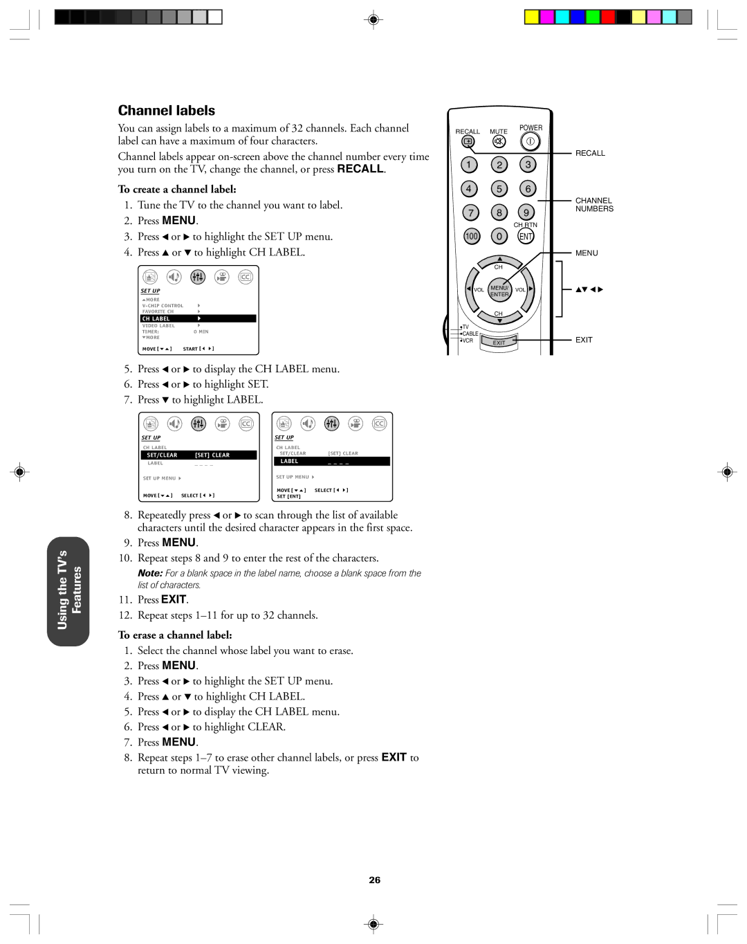 Toshiba 32AF13 owner manual Channel labels, To create a channel label, To erase a channel label 