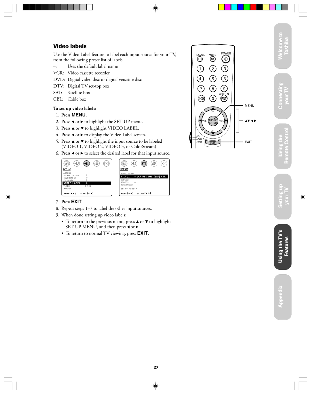 Toshiba 32AF13 owner manual Video labels, To set up video labels 