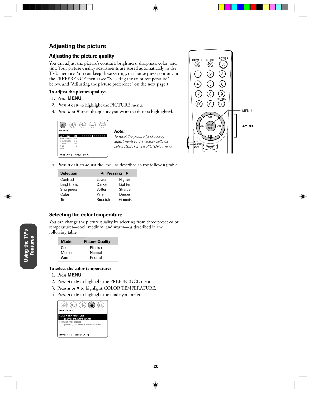 Toshiba 32AF13 Adjusting the picture quality, Selecting the color temperature, To adjust the picture quality 