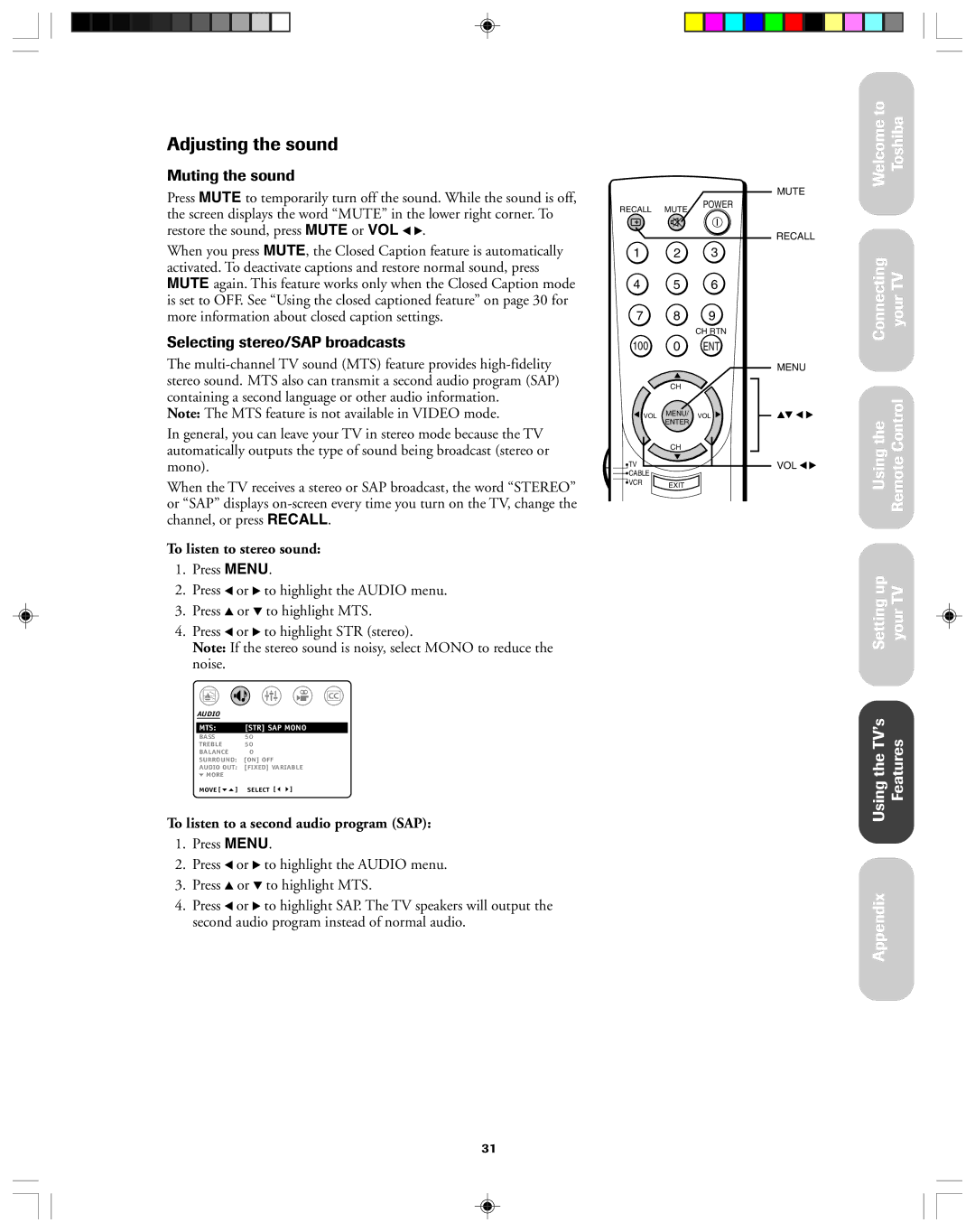 Toshiba 32AF13 Adjusting the sound, Muting the sound, Selecting stereo/SAP broadcasts, To listen to stereo sound 