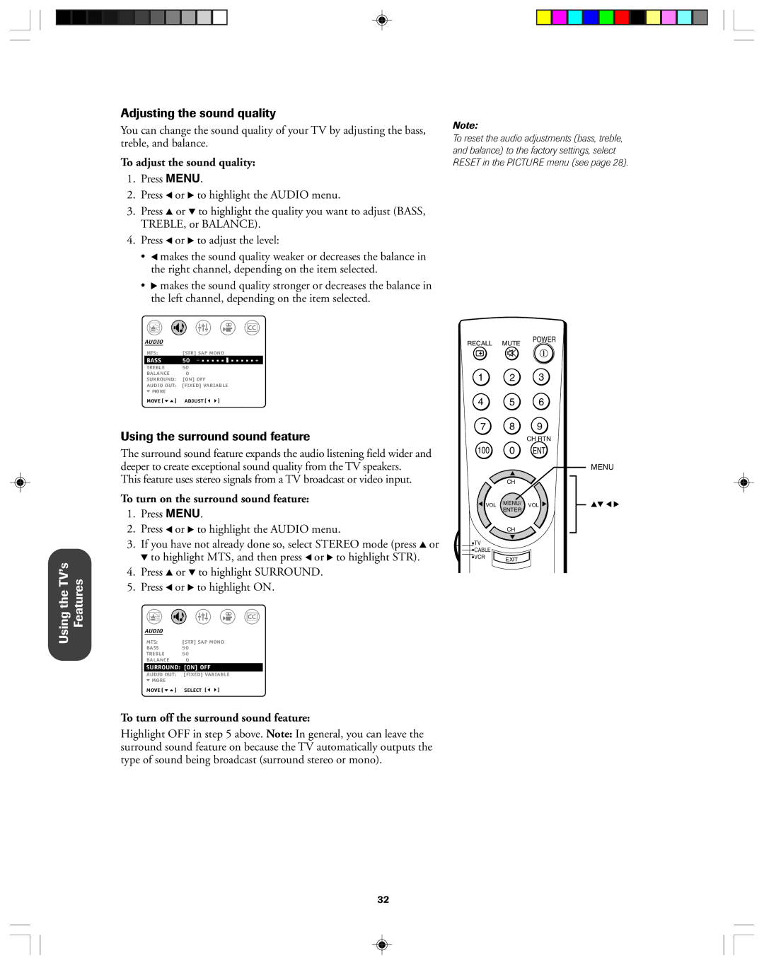 Toshiba 32AF13 owner manual Adjusting the sound quality, Using the surround sound feature, To adjust the sound quality 