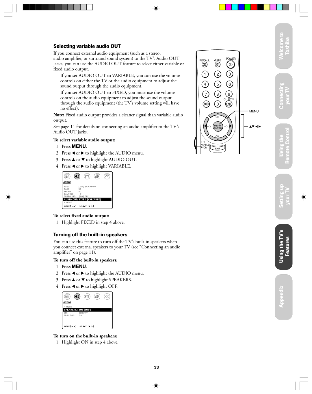 Toshiba 32AF13 owner manual Selecting variable audio OUT, Turning off the built-in speakers 