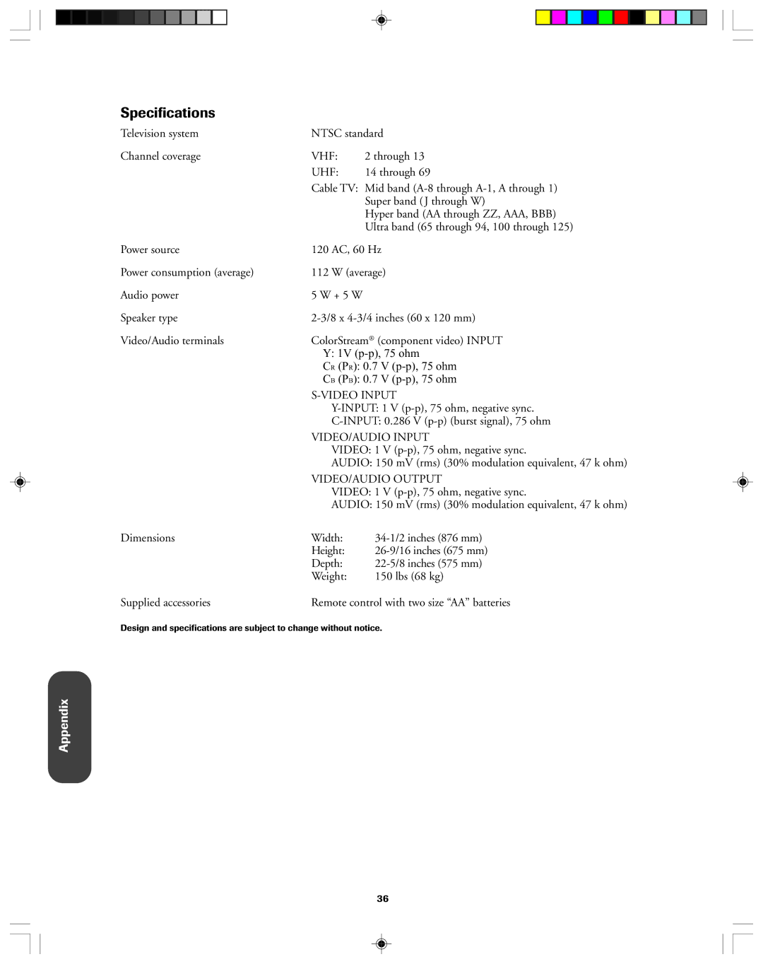 Toshiba 32AF13 owner manual Specifications 