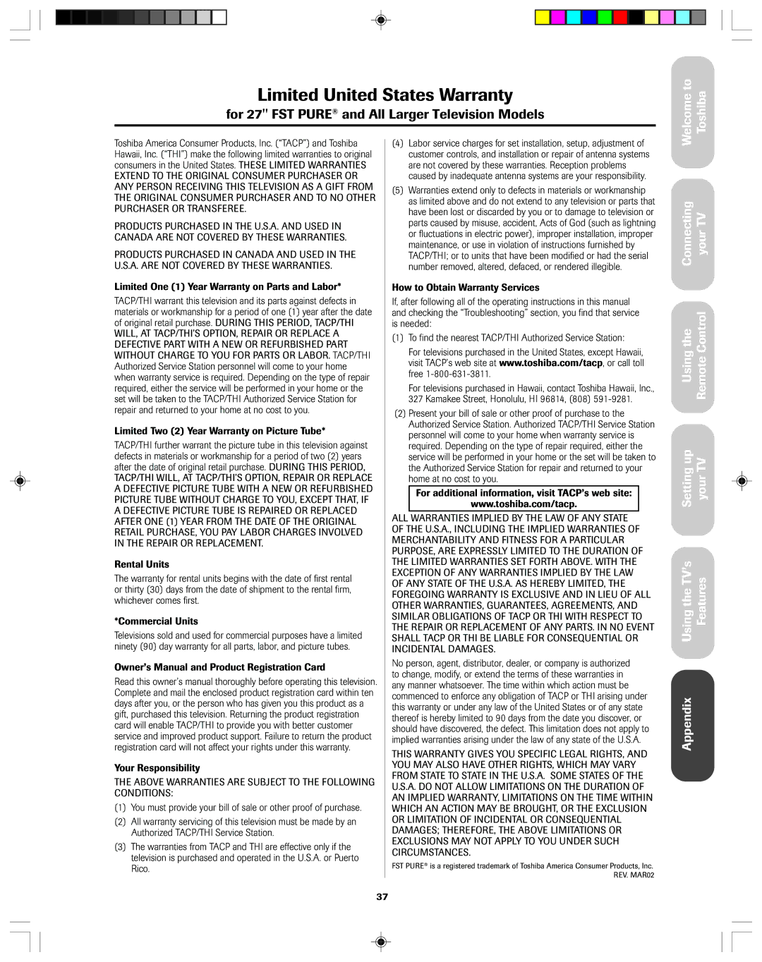 Toshiba 32AF13 owner manual Limited United States Warranty 