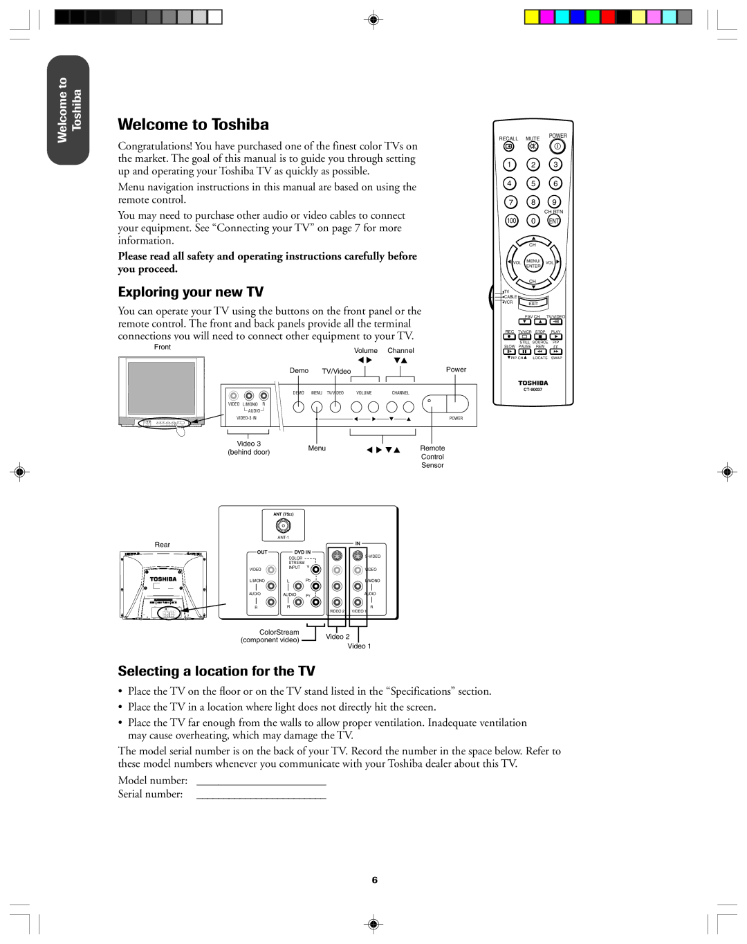 Toshiba 32AF13 Welcome to Toshiba, Exploring your new TV, Selecting a location for the TV, Model number Serial number 