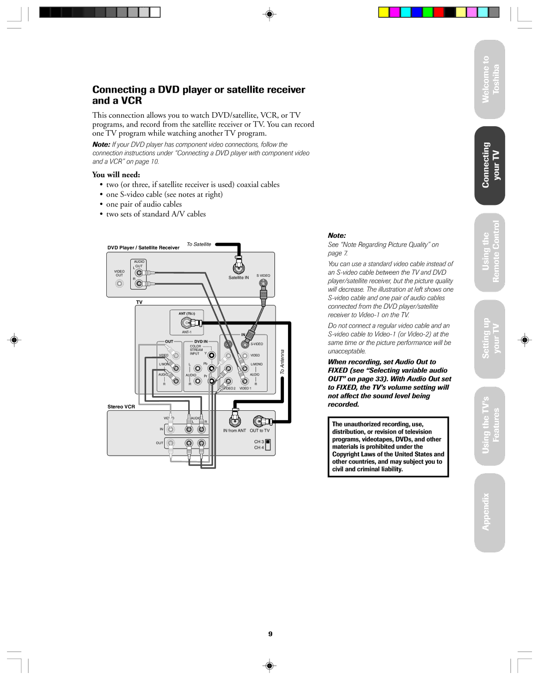 Toshiba 32AF13 owner manual Connecting a DVD player or satellite receiver and a VCR, Welcome to Toshiba Connecting your TV 