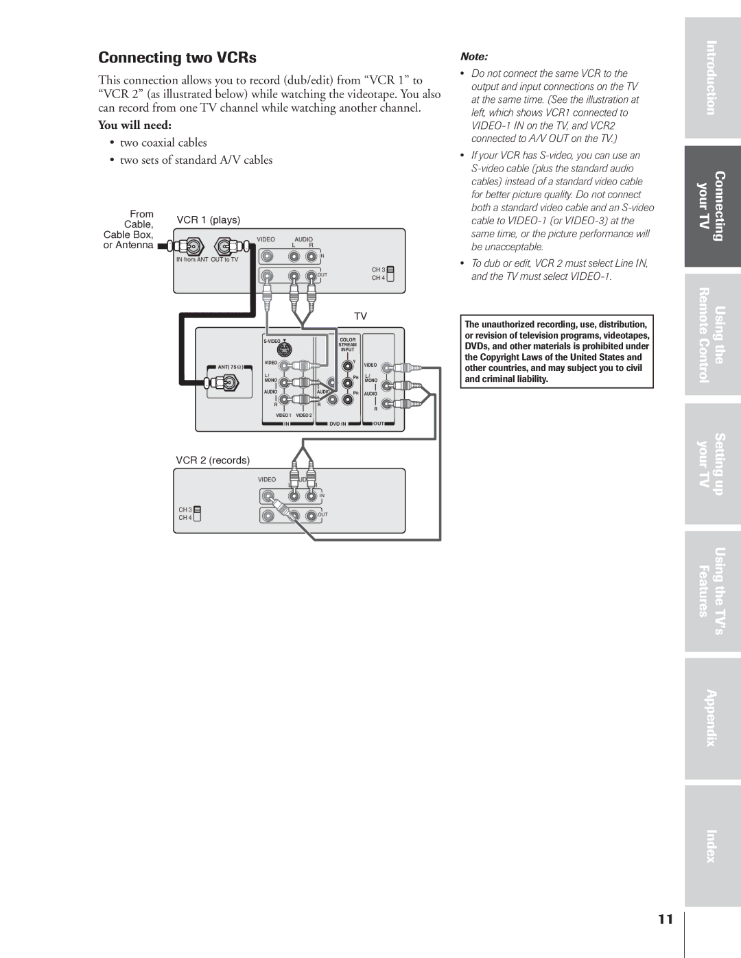 Toshiba 32AF14 owner manual Connecting two VCRs, This connection allows you to record dub/edit from VCR 1 to 