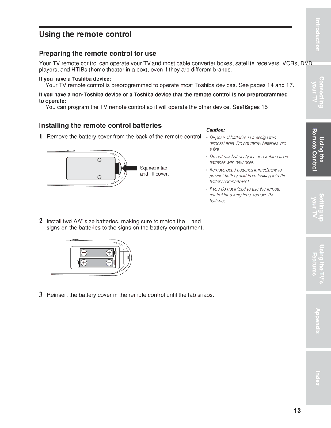 Toshiba 32AF14 Using the remote control, Preparing the remote control for use, Installing the remote control batteries 