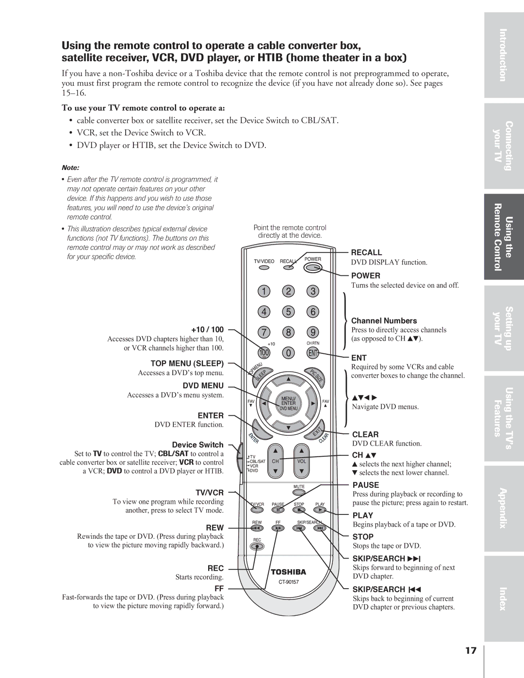 Toshiba 32AF14 owner manual To use your TV remote control to operate a, Point the remote control Directly at the device 