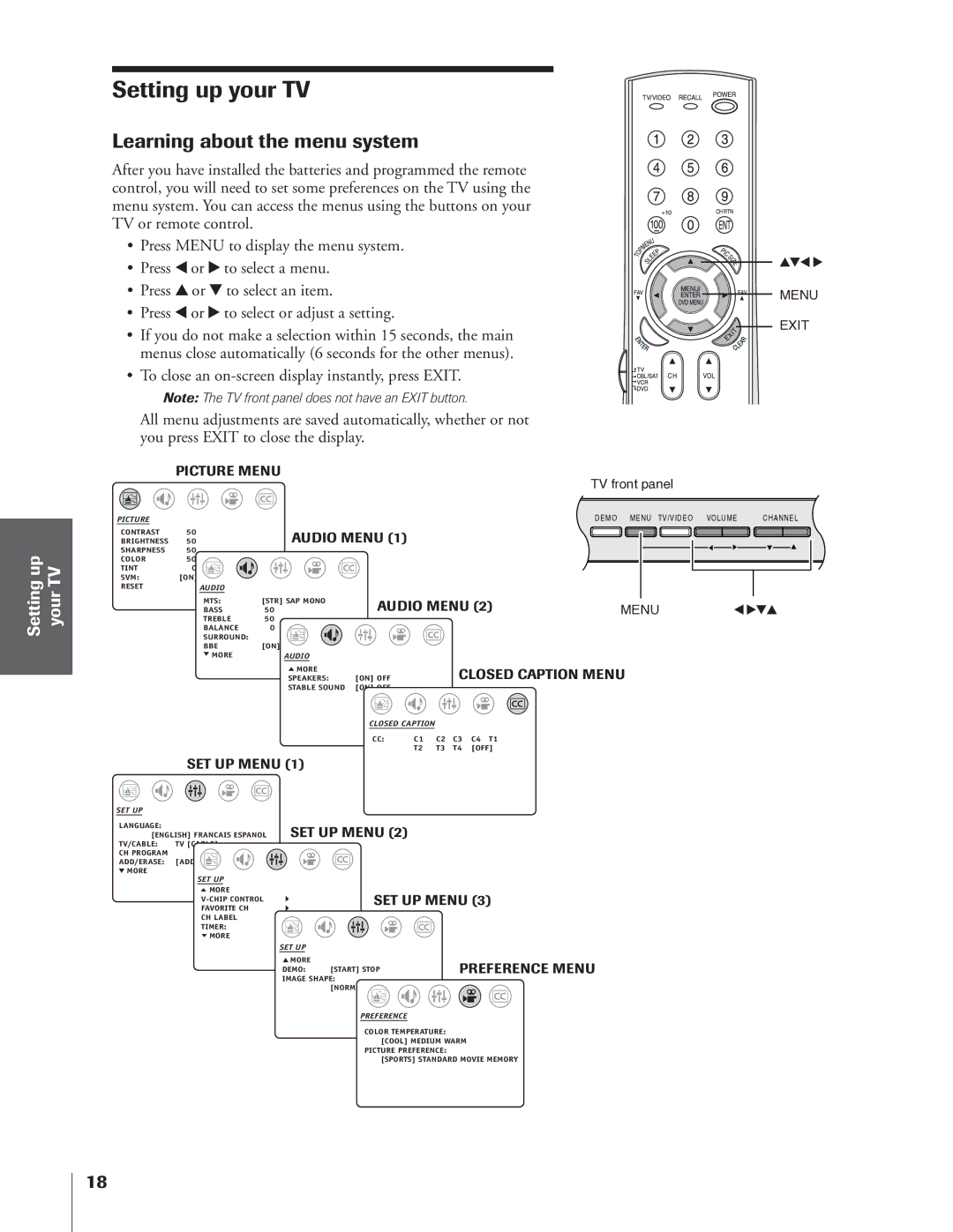 Toshiba 32AF14 owner manual Setting up your TV, Learning about the menu system, Press y or z to select an item 