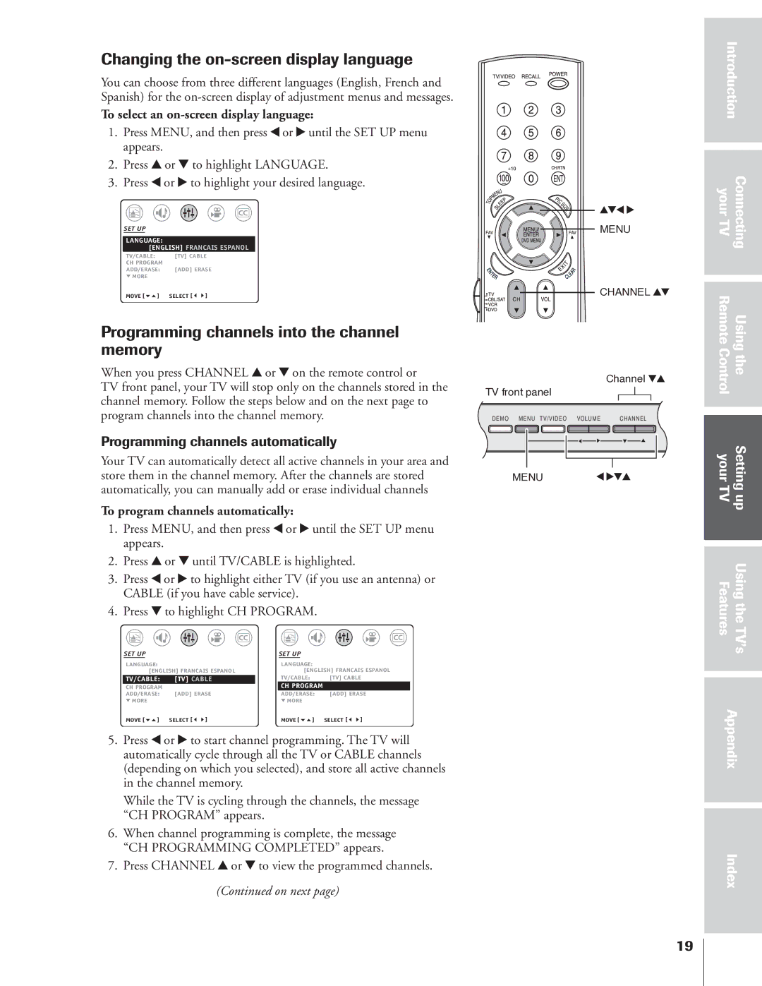 Toshiba 32AF14 owner manual Changing the on-screen display language, Programming channels into the channel memory 