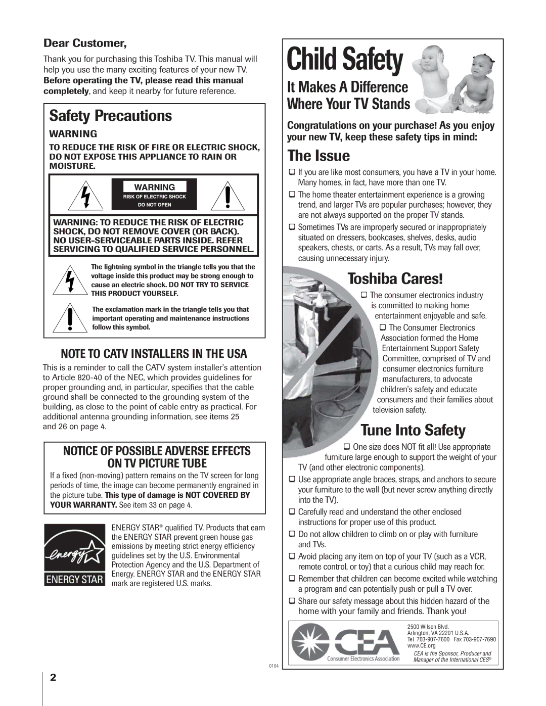 Toshiba 32AF14 owner manual Safety Precautions, Dear Customer 