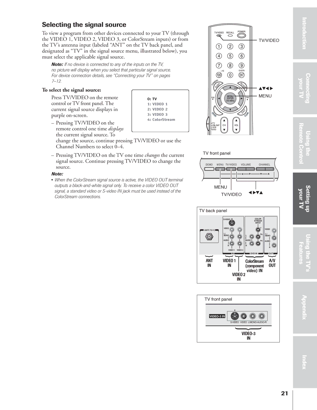 Toshiba 32AF14 owner manual Selecting the signal source, To select the signal source 