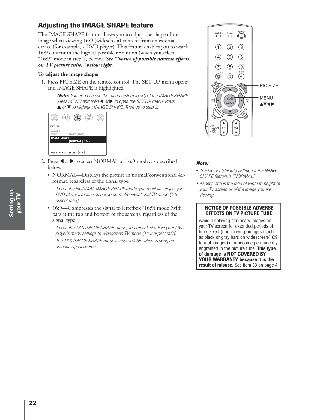 Toshiba 32AF14 owner manual Adjusting the Image Shape feature, To adjust the image shape 