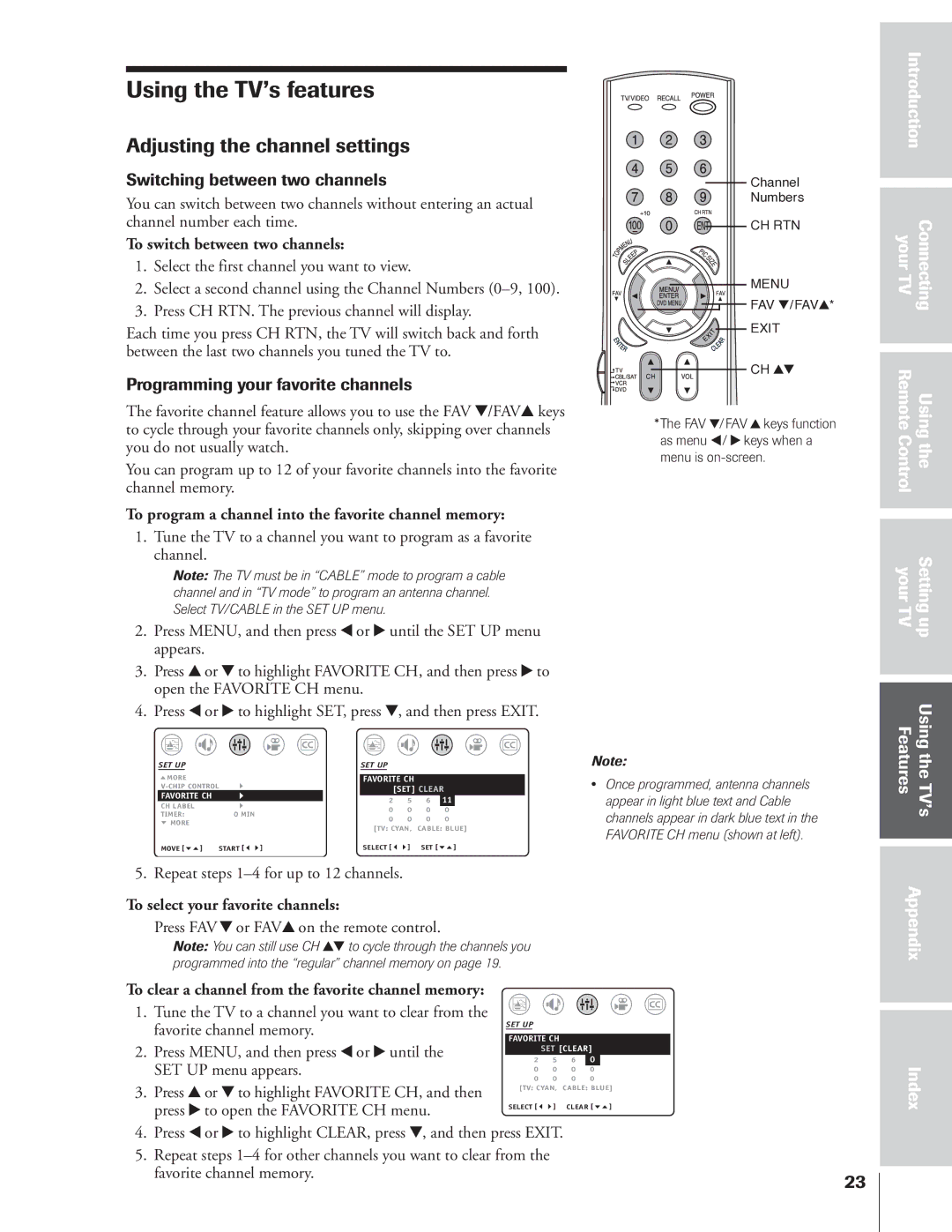 Toshiba 32AF14 owner manual Using the TV’s features, Adjusting the channel settings, Switching between two channels 