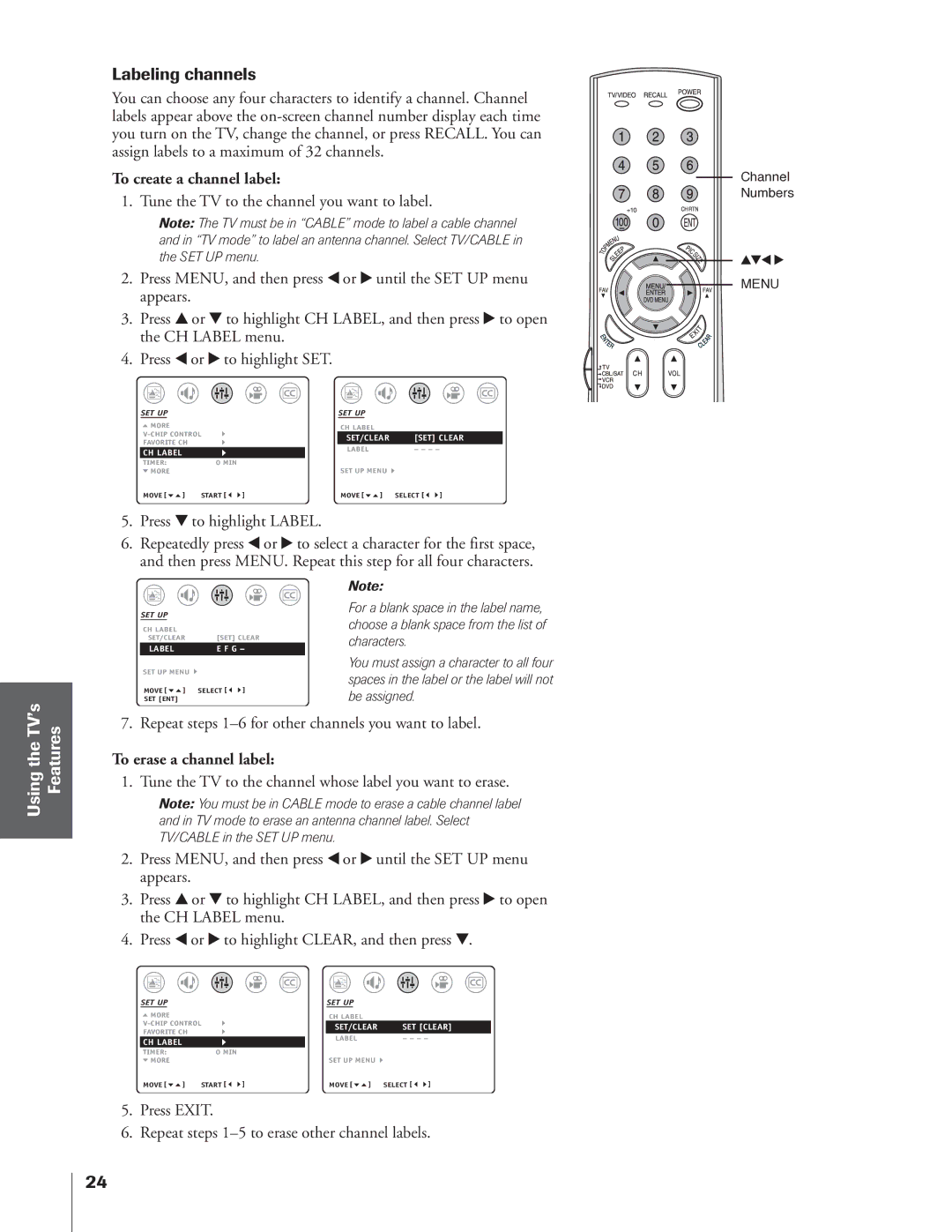 Toshiba 32AF14 owner manual Labeling channels, To create a channel label, To erase a channel label 