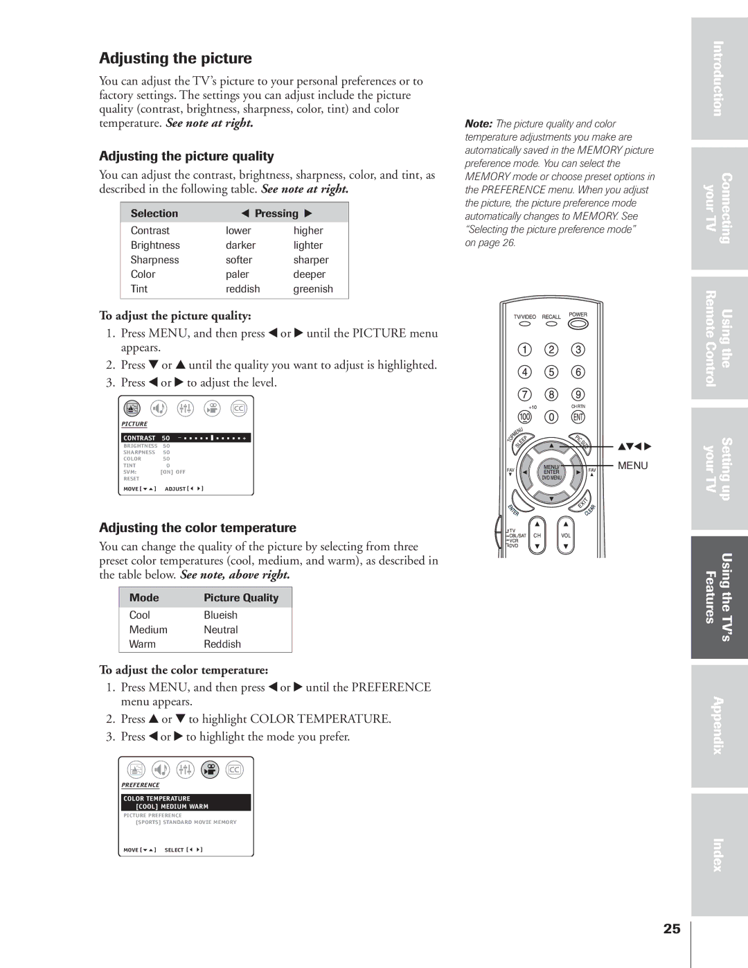 Toshiba 32AF14 Adjusting the picture quality, Adjusting the color temperature, To adjust the picture quality 