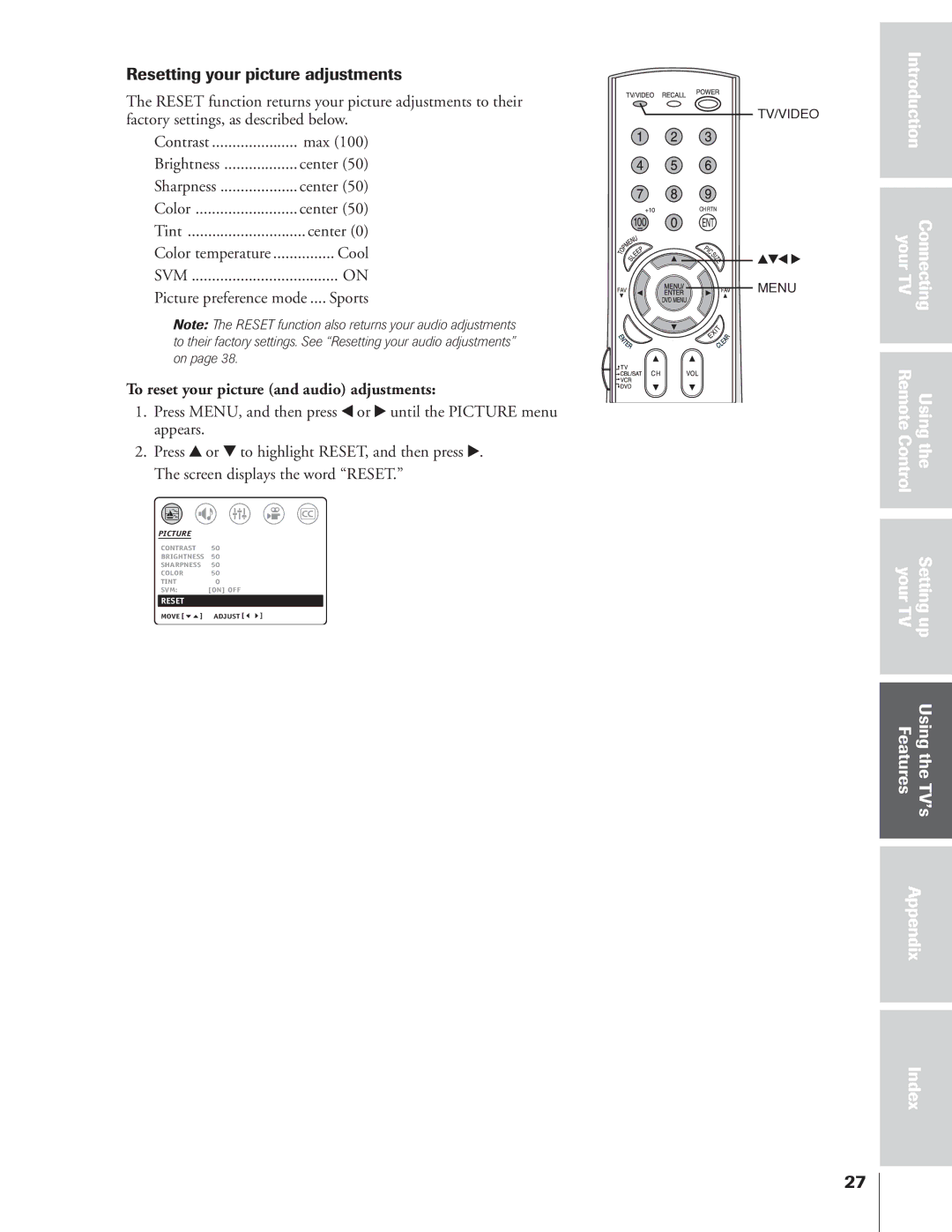 Toshiba 32AF14 owner manual Resetting your picture adjustments, To reset your picture and audio adjustments 