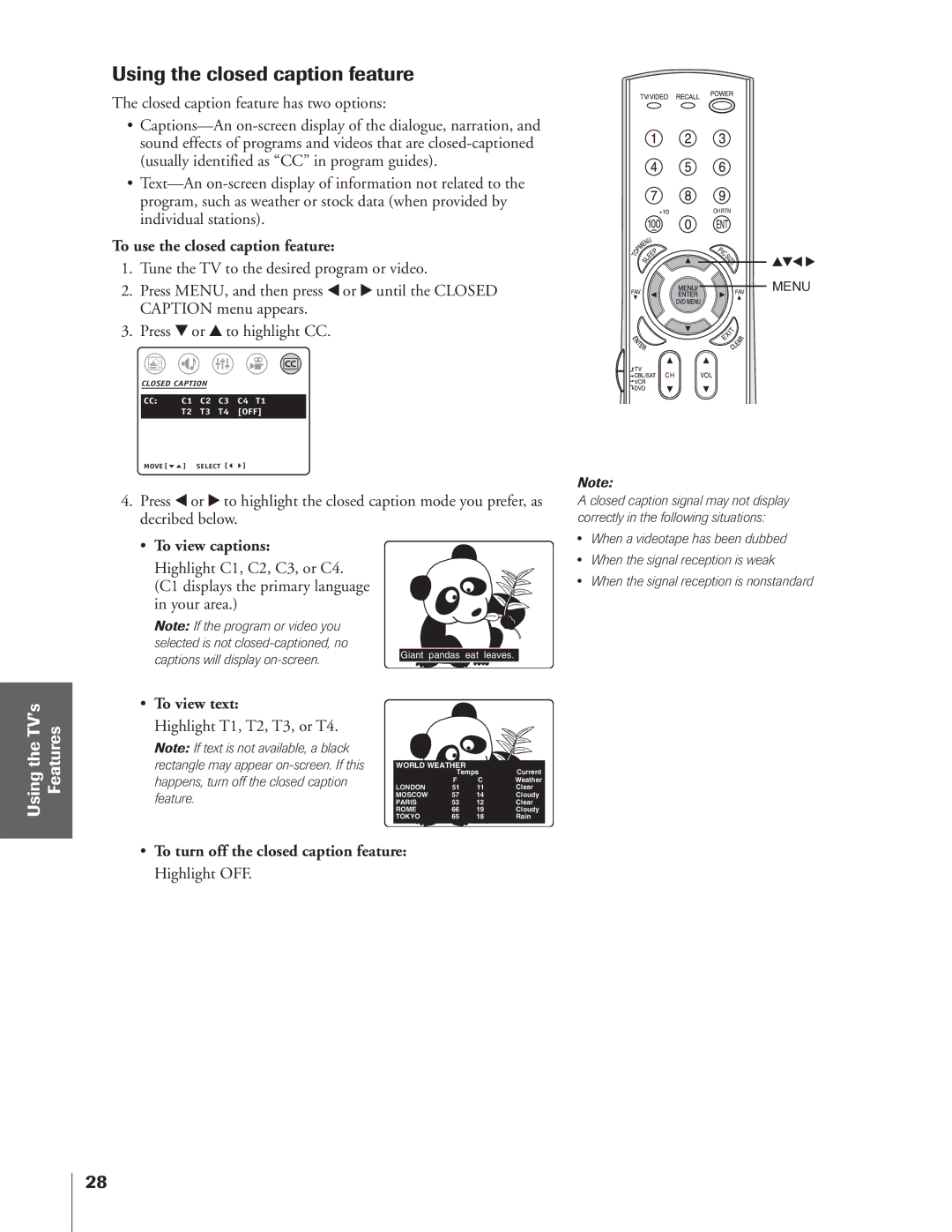 Toshiba 32AF14 Using the closed caption feature, To use the closed caption feature, To view captions, To view text 